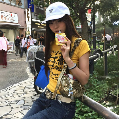 Cathy Dollette Japanese  Letter Print  Vintage Harajuku Crop Top Trashy 2000s Style Short Sleeve Tee Shirt American Retro 90s