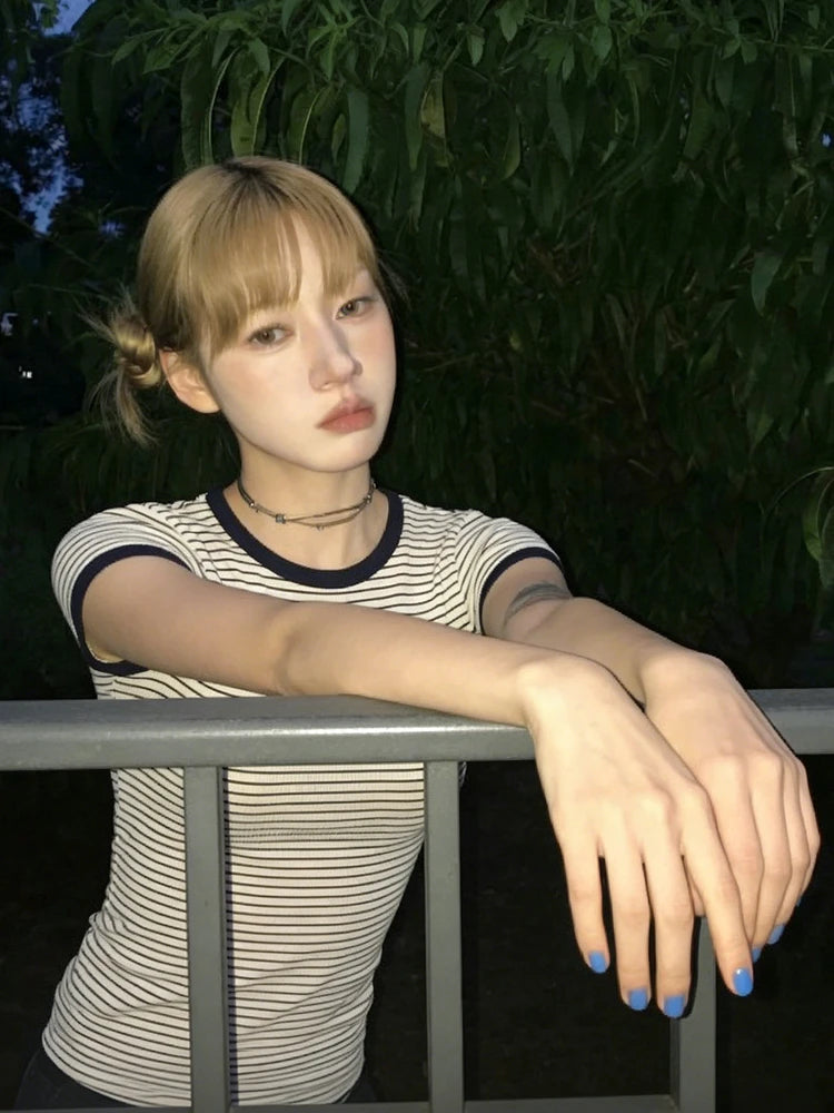 Cathy Dollette Short Sleeve Slim Striped T Shirt Streetwear Tee TopVintage American Retro Tshirts E-girls