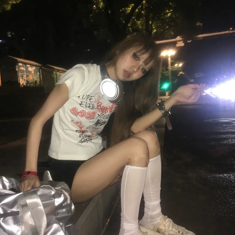 Cathy Dollette Japanese   s 2000s Graffiti TopHarajuku Graphic Print Short Sleeve Tshirt E-girls Goth Tees Grunge