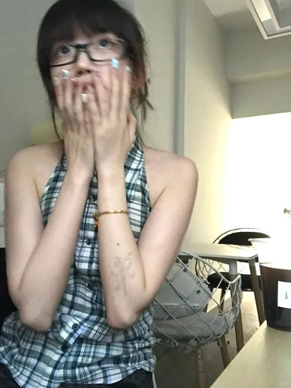 Cathy Dollette Japanese 2000s Plaid Tank Top Turn Down Collar  Vintage Top American Retro Tanks E-girls Summer