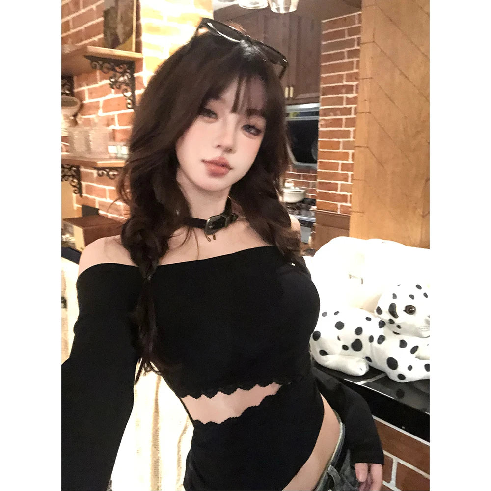 Cathy Dollette Backless Graphic T Shirts 2000s Japanese  Long Sleeve Skinny Off Shoulder Crop TopGothic Print Gaphic TopTee