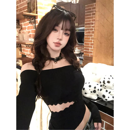 Cathy Dollette Backless Graphic T Shirts 2000s Japanese  Long Sleeve Skinny Off Shoulder Crop TopGothic Print Gaphic TopTee