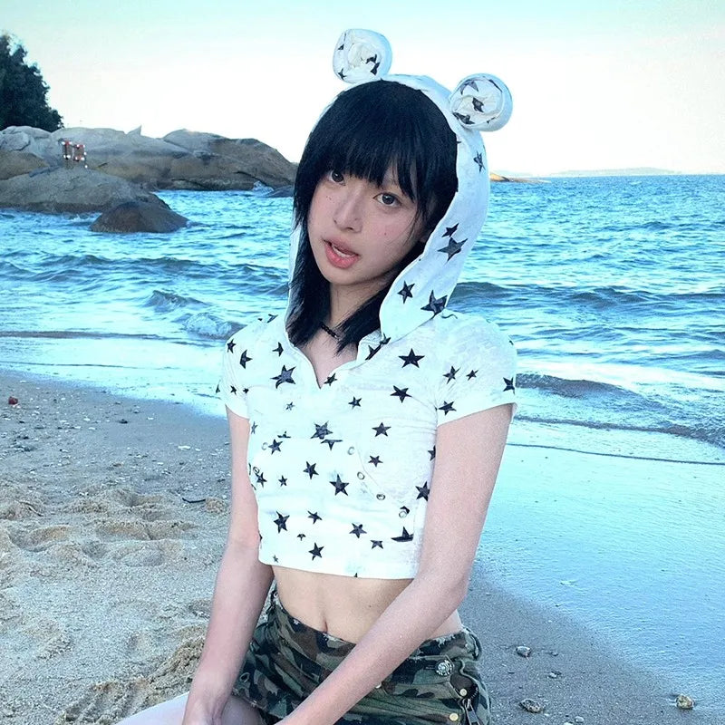 Cathy Dollette Japanese  Hooded  Vintage 2000s Style Rabbit Ears TopHarajuku Star Print Short Sleeve T Shirt Korean Popular