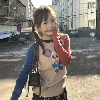 Cathy Dollette Japanese  Knitted TopVintage Harajuku Graffiti Print Long Sleeve  2000s s Ribbed Patchwork Top90s