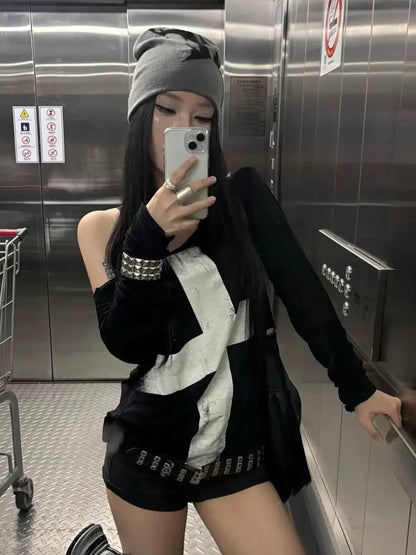 Cathy Dollette Print Cross Graphic T Shirts Woman Long Sleeve Blck Goth Autumn Spring TopTees Female Clothing 2000s Clothes  Chic