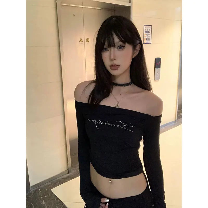 Cathy Dollette Black Graphic T Shirts Off Shoulder Long Sleeve 2000s Clothes  Autumn TopSlim Tees Female Clothing Goth