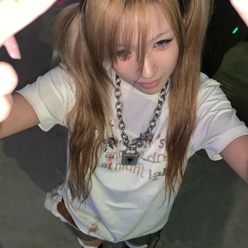 Cathy Dollette Japanese  T Shirt Short Sleeve Print Graphic Top2000s  Grunge Top Korean Style Retro Tee Top