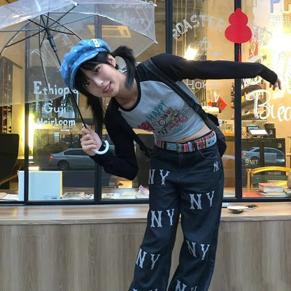 Cathy Dollette Japanese  Graffiti Print  Vintage Harajuku Long Sleeve Patchwork Crop Top 2000s s Ribbed Top American