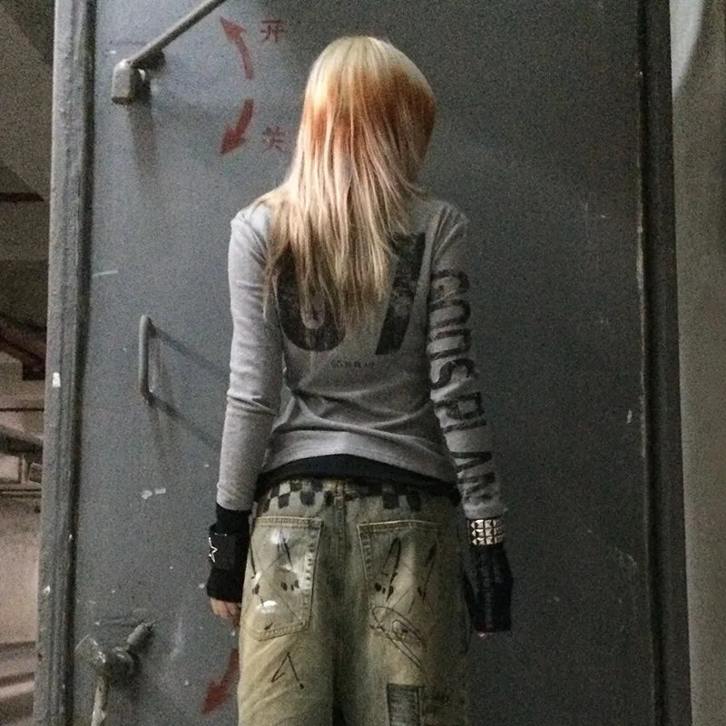 Cathy Dollette Trashy  Number Print  Grunge s Gray Patchwork TopGothic Vintage Punk Long Sleeve Tee Shirt American