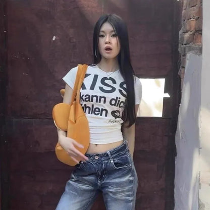 Cathy Dollette Japanese  Letter Print  Trashy 2000s Style Crop Top Vintage Harajuku Short Sleeve Tee Shirt American Retro 90s