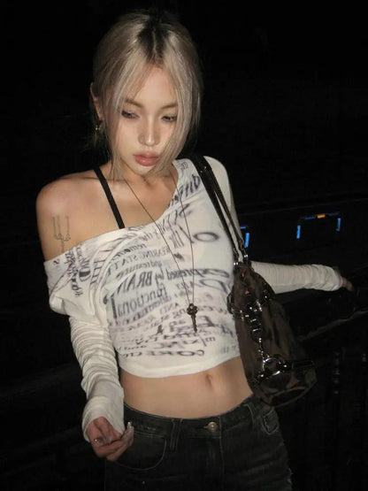 Cathy Dollette Gothic Print Grunge T Shirt  V Neck Letter  Vintage Top Autumn Skinny Fairy Tshits Korean Style