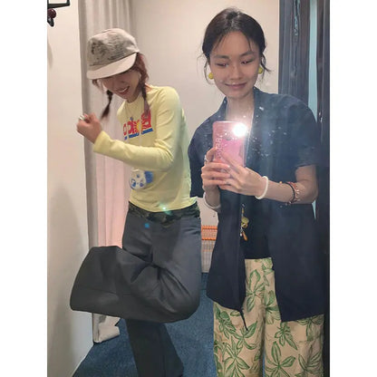 Cathy Dollette Hotsweet Yellow Graphic T Shirts Long Sleeve Spring Autumn TopCottton 2000s Clothes  Print Tees Female Clothing