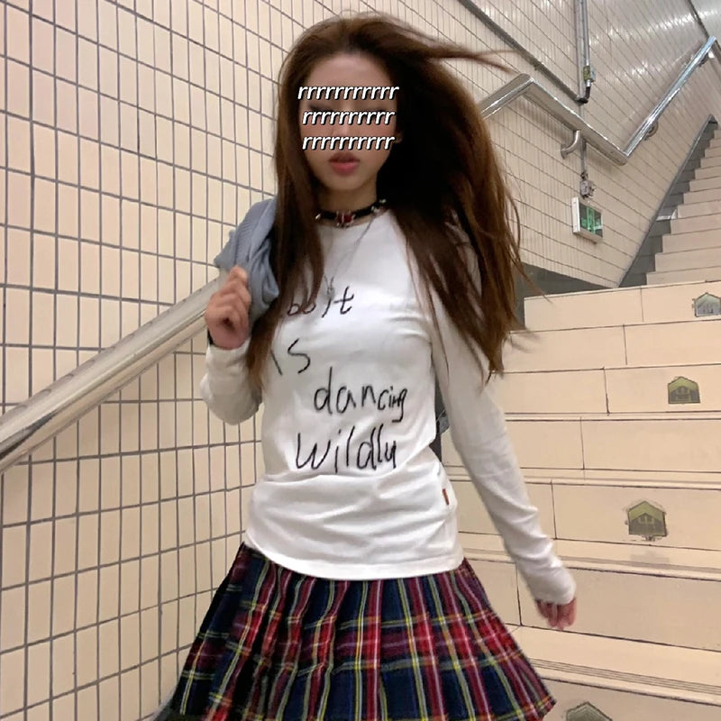 Cathy Dollette Japanese  Letter Print  Vintage Harajuku Long Sleeve T Shirts 2000s s Whiter TopAmerican Retro 90s