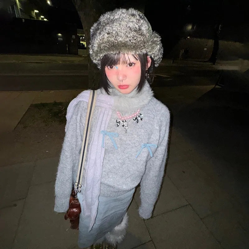 Cathy Dollette Japanese  Bow-knot Sweater Korean Style Gray Cropped Pullover Vintage Harajuku Knit Jumper 2000s s Knitwears