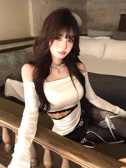 Cathy Dollette Backless Graphic T Shirts 2000s Japanese  Long Sleeve Skinny Off Shoulder Crop TopGothic Print Gaphic TopTee