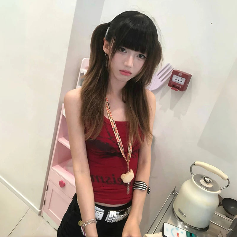 Cathy Dollette Japanese  Letter Print Tank Top Trashy 2000s Style Red Tanktop Vintage Harajuku Sleeveless Crop Top American Retro
