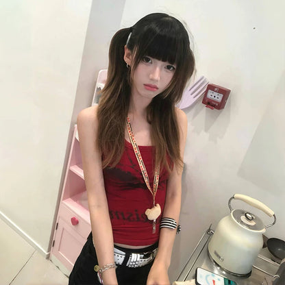 Cathy Dollette Japanese  Letter Print Tank Top Trashy 2000s Style Red Tanktop Vintage Harajuku Sleeveless Crop Top American Retro