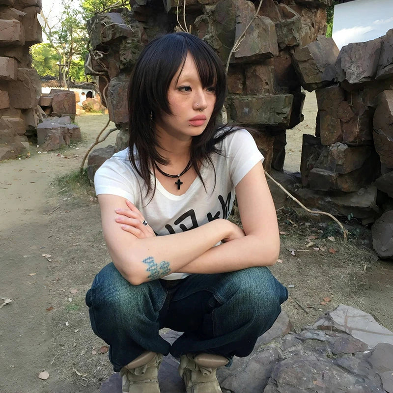 Cathy Dollette Japanese  Letter Print  Trashy 2000s Style Short Sleeve Tee Shirt Grunge s White Top Vintage Harajuku