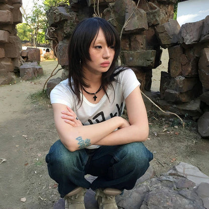 Cathy Dollette Japanese  Letter Print  Trashy 2000s Style Short Sleeve Tee Shirt Grunge s White Top Vintage Harajuku