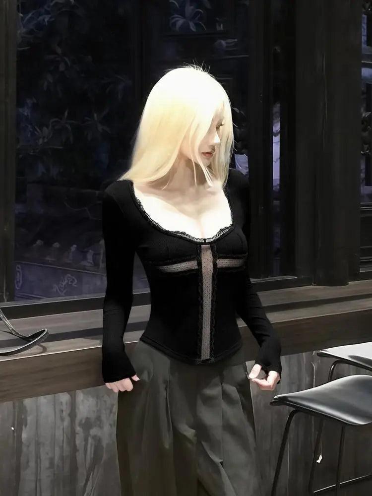 Cathy Dollette Patchwork Cross Hollow Out 's  Long Sleeve Gothic Spring Autumn TopTees Female Clothing 2000s Clothes