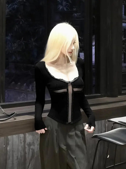 Cathy Dollette Patchwork Cross Hollow Out 's  Long Sleeve Gothic Spring Autumn TopTees Female Clothing 2000s Clothes