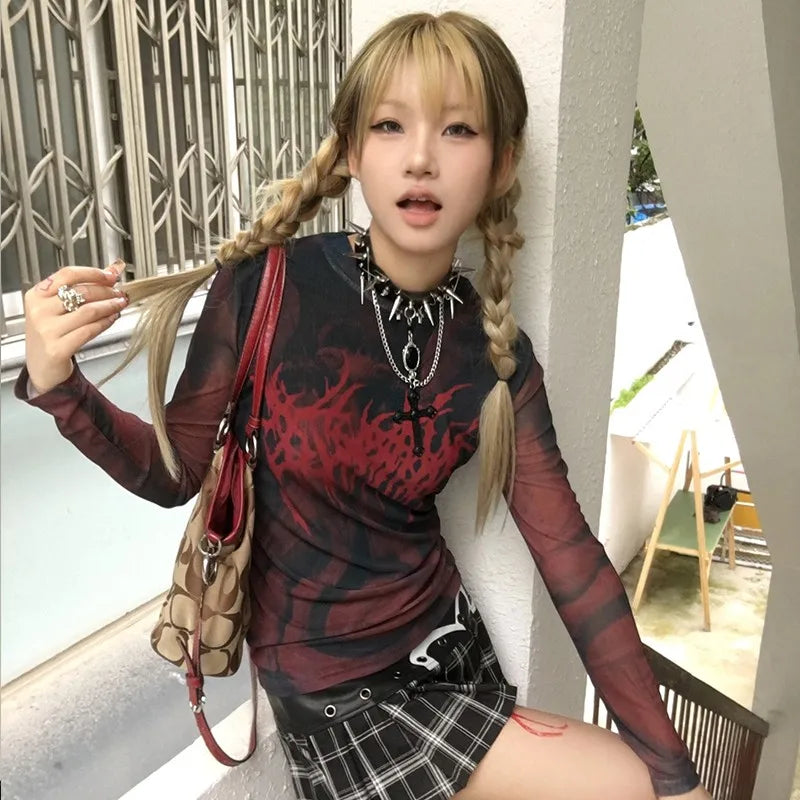 Cathy Dollette Grunge s Tattoo Print  Vintage Gothic Red Mesh TopTrashy  Long Sleeve Sheer TopPunk Alternative