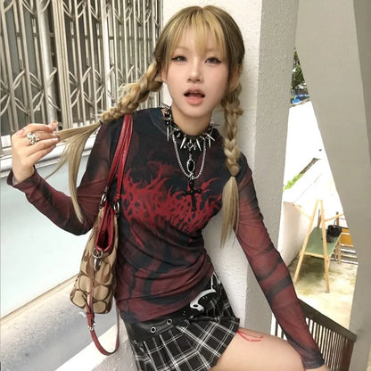 Cathy Dollette Grunge s Tattoo Print  Vintage Gothic Red Mesh TopTrashy  Long Sleeve Sheer TopPunk Alternative