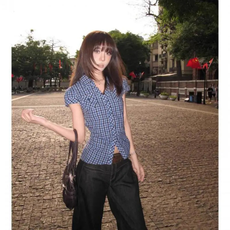 Cathy Dollette Hotsweet Blue Plaid Turn-down Collar 's Shirt Button Up 2025 Summer Short Sleeve Blouse Vintage Korean