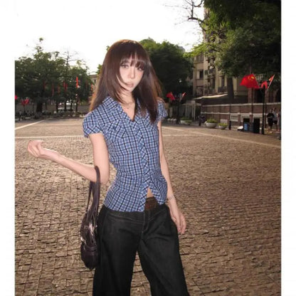 Cathy Dollette Hotsweet Blue Plaid Turn-down Collar 's Shirt Button Up 2025 Summer Short Sleeve Blouse Vintage Korean