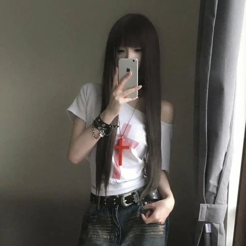 Cathy Dollette Gothic Off Shoulder Cross Graphic T Shirts 2000s Clothes  Short SLeeve Tees Female Clothing Goth Summer Top