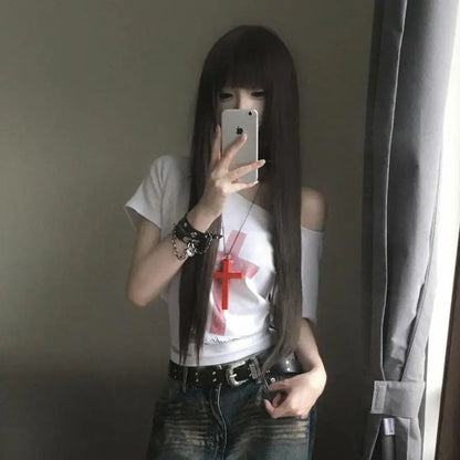 Cathy Dollette Gothic Off Shoulder Cross Graphic T Shirts 2000s Clothes  Short SLeeve Tees Female Clothing Goth Summer Top