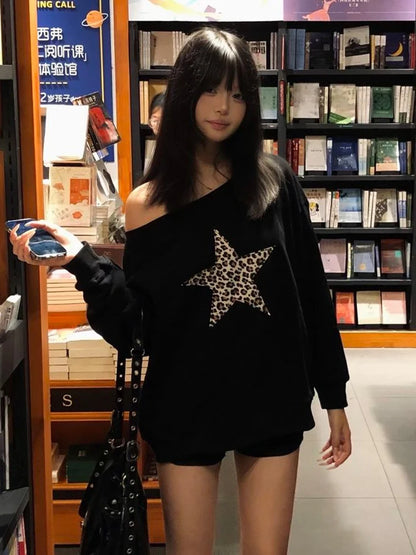 Cathy Dollette Pullovers Print Leopard Star 's Sweatshirts Long Sleeve Harajuku Hoodies 2000s Clothes  Autumn Spring TopLoose