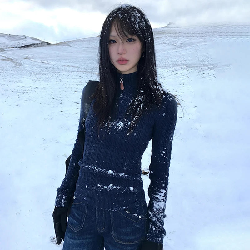 Cathy Dollette Japanese  Slim Pullover Vintage Harajuku Navy Blue Sweater 2000s Style Knitted TopKorean Fashion Knitwear Elegant