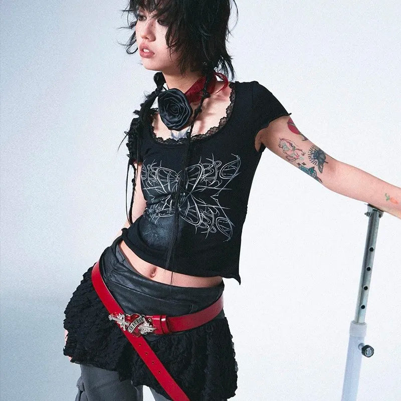 Cathy Dollette Japanese  Tattoo Print  Grunge s Lace Patchwork Short Sleeve T Shirt Vintage Gothic Black Crop Tops