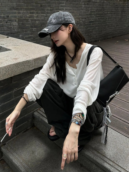 Cathy Dollette Hotsweet Loose Solid 's  See Through Long Sleeve Autumn TopKorean Fashion 2000s Clothes  Tees Female
