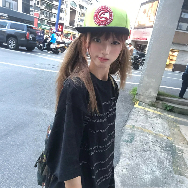 Cathy Dollette Japanese  Letter Print  2000s Style Short Sleeve Black Tee Shirt Vintage Harajuku Streetwear American Retro