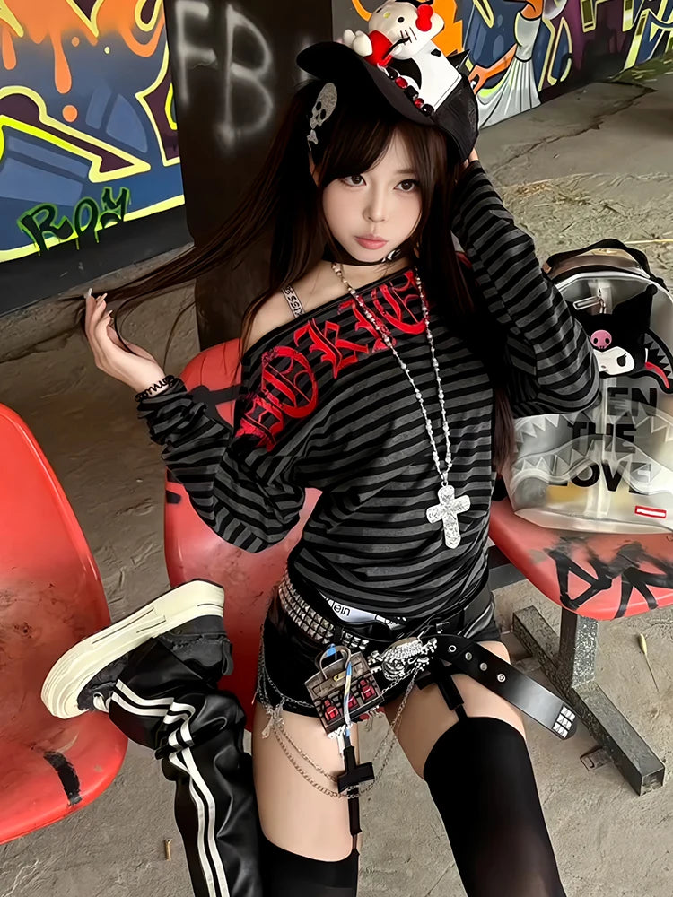 Cathy Dollette Hotsweet Striped Graphic T Shirts Woman Clothes 2000s Clothes  Long Sleeve Vintage Autumn TopOff Shoulder Tees Chic