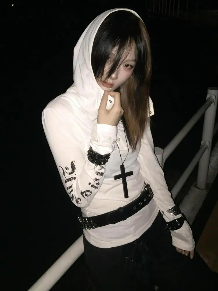 Cathy Dollette Hooded Print Letter Graphic T Shirts Woman Clothes Youthful Long Sleeve 2000s Clothes  Tees Female Clothing Autumn