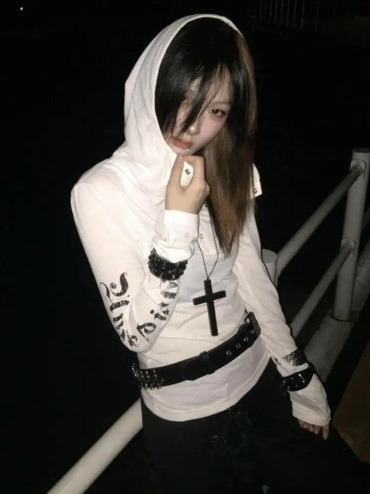 Cathy Dollette Hooded Print Letter Graphic T Shirts Woman Clothes Youthful Long Sleeve 2000s Clothes  Tees Female Clothing Autumn