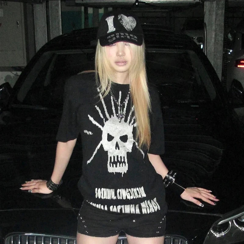 Cathy Dollette Grunge s Skull Print  Trashy 2000s Style Short Sleeve Tee Shirt Vintage  Gothic Streetwear American