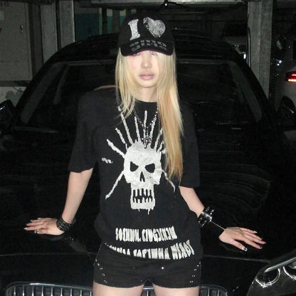 Cathy Dollette Grunge s Skull Print  Trashy 2000s Style Short Sleeve Tee Shirt Vintage  Gothic Streetwear American