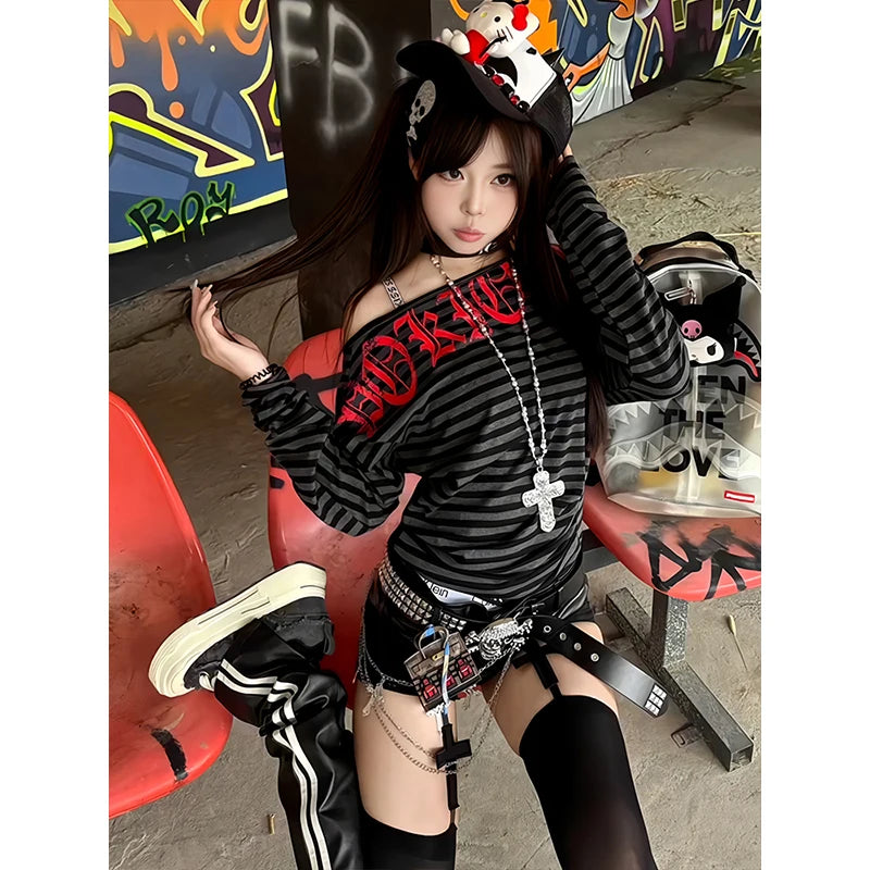 Cathy Dollette Hotsweet Striped Graphic T Shirts Woman Clothes 2000s Clothes  Long Sleeve Vintage Autumn TopOff Shoulder Tees Chic