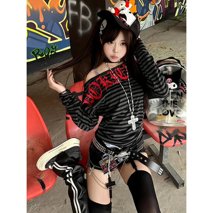 Cathy Dollette Hotsweet Striped Graphic T Shirts Woman Clothes 2000s Clothes  Long Sleeve Vintage Autumn TopOff Shoulder Tees Chic