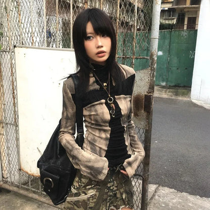 Cathy Dollette Japanese  Ribbed TopVintage Harajuku Cross Print  Grunge s Long Sleeve Patchwork TopTrashy 2000s
