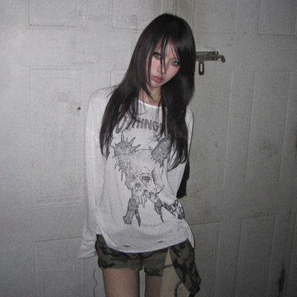 Cathy Dollette Grunge s Skull Print  Trashy 2000s Style Distressed TopVintage Punk Long Sleeve   Gothic Emo