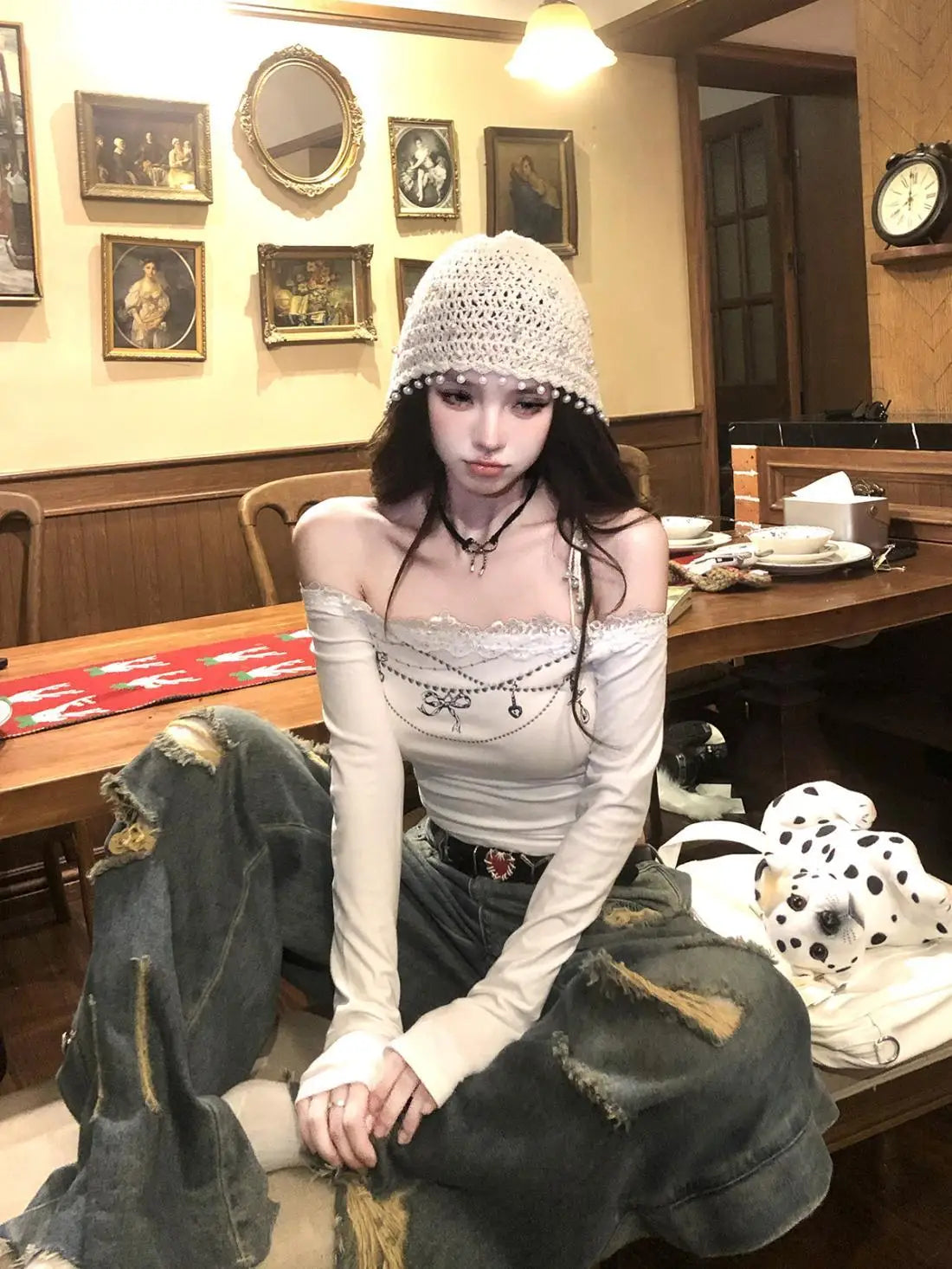 Cathy Dollette Harajuku Print T Shirt  Skinny Graphic TopLace  Aesthethic Vintage Tshirts Streetwear Grunge TopJapanese