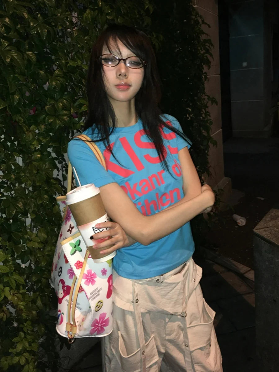 Cathy Dollette  Print Letter T Shirt  Skinny Short Sleeve Japanese 2000s Crop TopGrunge TopAmerican Retro Tshirts