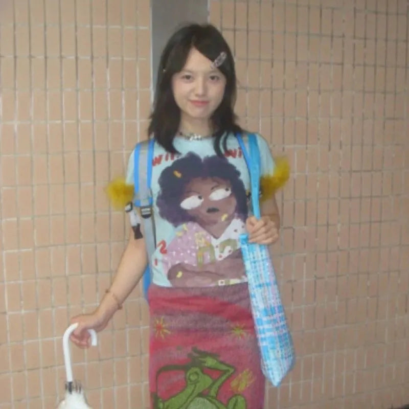 Cathy Dollette Japanese  Graffiti Print  Trashy 2000s Style Crop Top Vintage Harajuku Removable Fur Sleeve Tee Shirt American