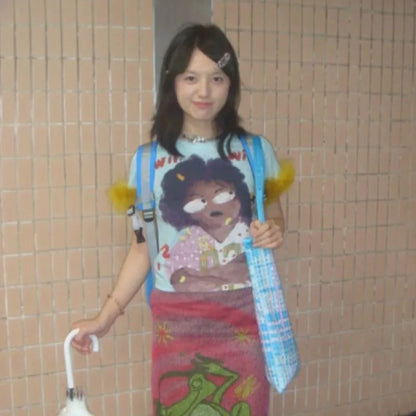 Cathy Dollette Japanese  Graffiti Print  Trashy 2000s Style Crop Top Vintage Harajuku Removable Fur Sleeve Tee Shirt American