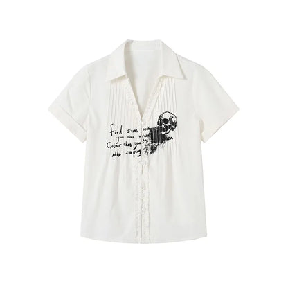 Cathy Dollette  s Pleated Shirt Grunge Gothic Skull Print White Shirts Trashy 2000s Style V-neck Blouses Japanese Harajuku
